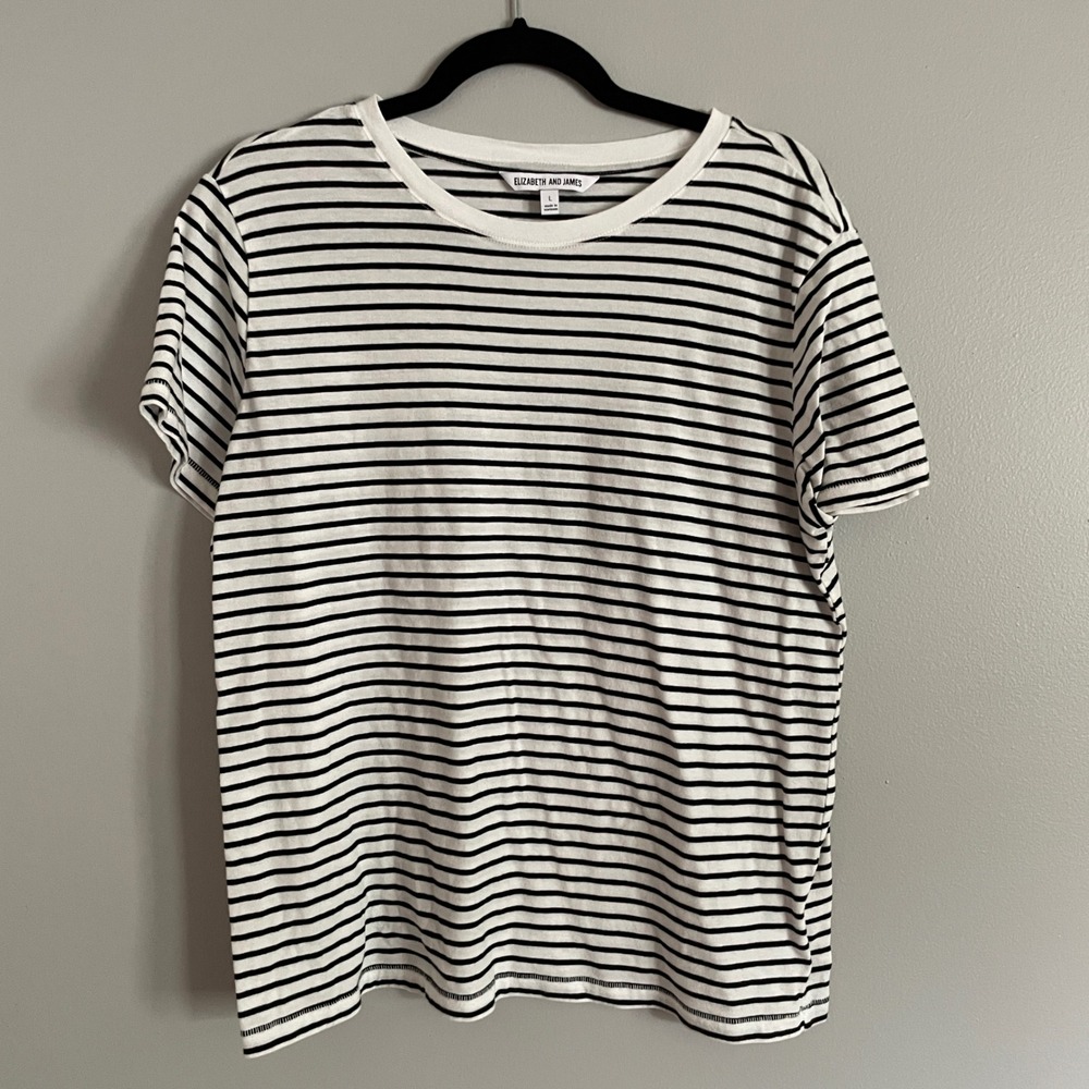 Elizabeth and James T-Shirt Womens Large White Black Striped Cotton Casual Basic
